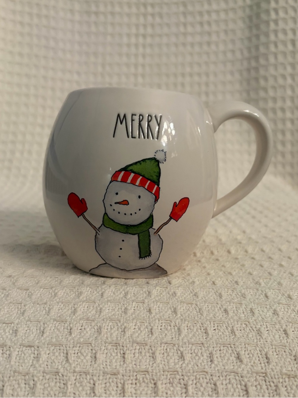 Rae Dunn Artisan Collection White 'Merry' Snowman Round Holiday Mug NWOT